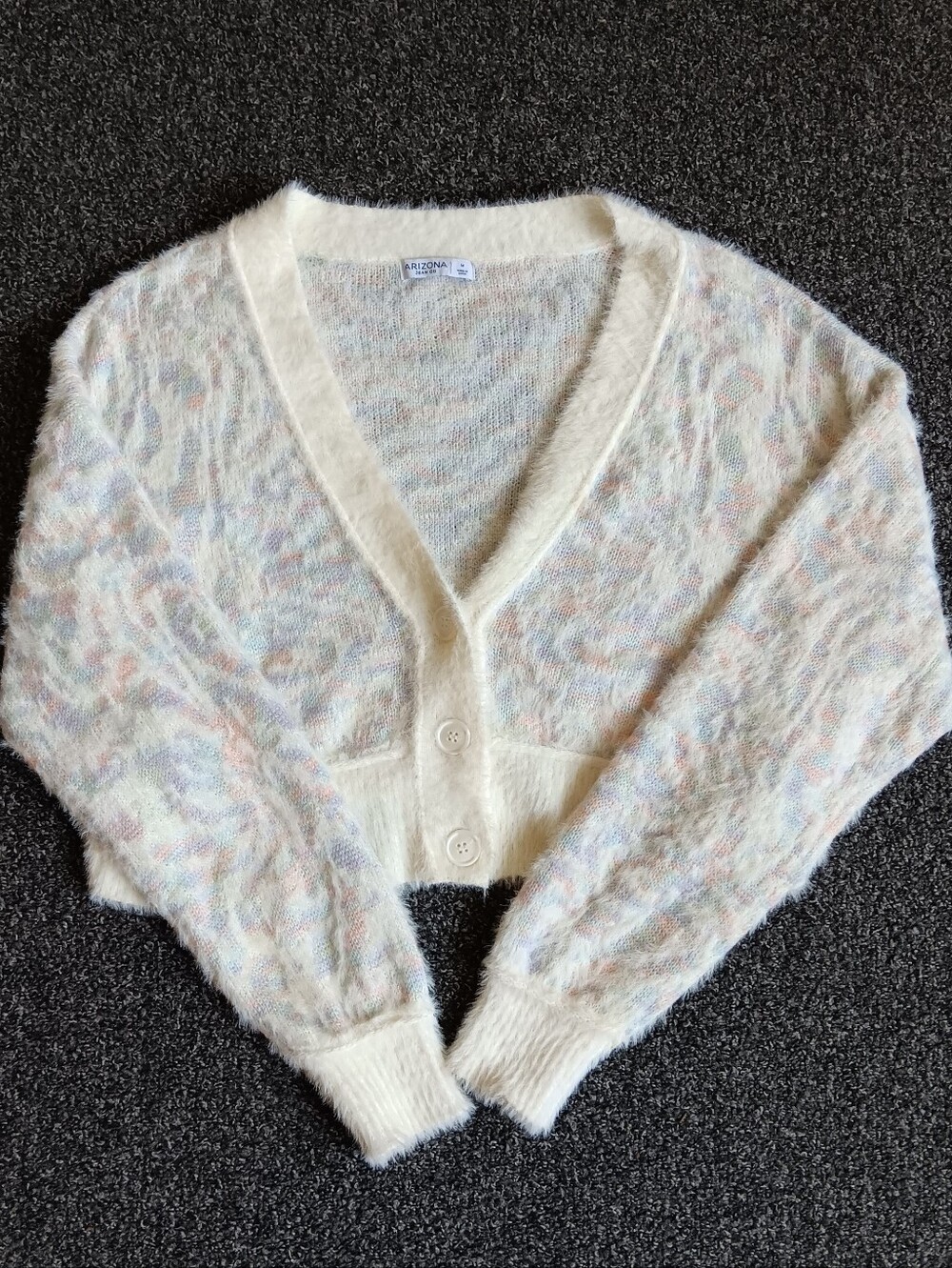 Dreamy Fuzzy Cream Pink Blue Cropped Arizona Cardigan Sweater Womens Medium Y2K